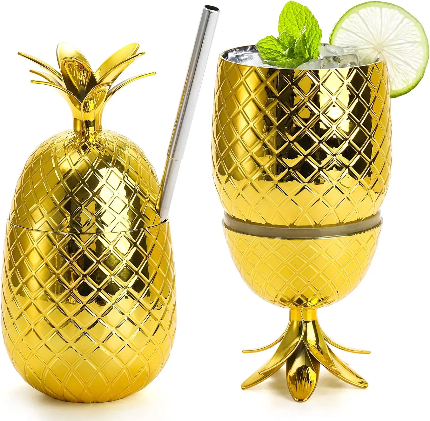 16 Unzen Gold Plastik Ananasbecher mit gestrecktem Strohhalm für Party und Veranstaltungen