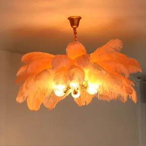 Roze Struisvogelveer Hanglamp Decoratieve Woonkamer Plafond Koperen Kroonluchter Bar Opknoping Drakenei Lamp