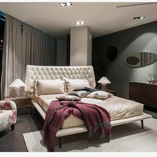 Latest design high end villa furniture luxury velvet leather large headboard bed set super king size white upholstered bed