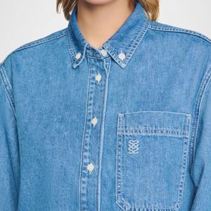 Venta al por mayor de ropa de calle camisa unisex de algodón personalizado de manga larga Boxy ajustado recortada de las mujeres camisa de mezclilla y blusa con bolsillo en el pecho - Product Image 5