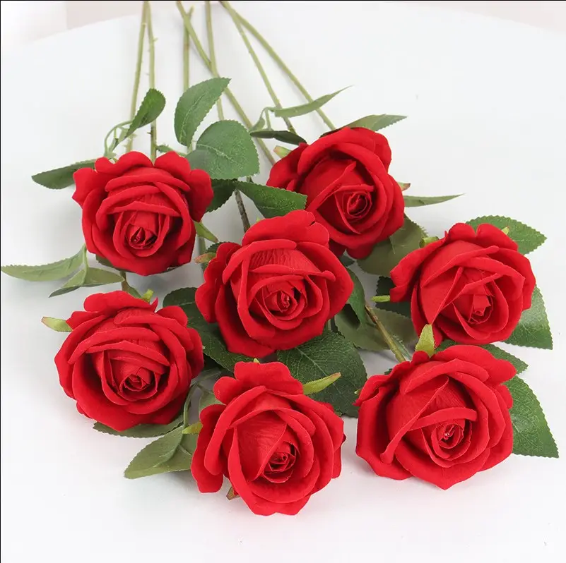 Fleur artificielle rose en soie avec longue tige faux réaliste soie velours rouge Roses bouquet bricolage pour la maison jardin mariage décor