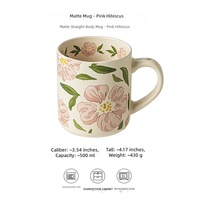 Tasse en céramique rose mat Hibiscus, tasse à café de bureau, tasse à thé en porcelaine florale avec poignée, vaisselle pour le bureau, la maison, le café