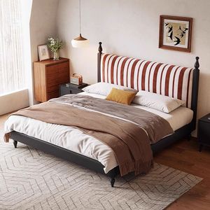 Cama Tapizada de Madera Maciza Estilo Retro Francés, Tamaño Doble, Cabecera de Tela Lavable y Extraíble, Muebles de Dormitorio Estilo Vintage Americano - Product Image 1