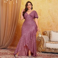 Robes de soirée de luxe YS0932 pour femmes, taille plus, manches courtes, col en V, volants, paillettes, robe sirène, robe de soirée formelle pour femmes