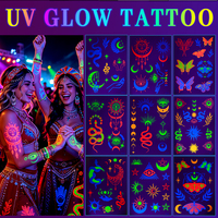 Stiker Tato Temporer Ramah Lingkungan Non-Toksik Motif Matahari Bulan Bintang Planet UV Neon untuk Wajah Tubuh Seksi Grosir