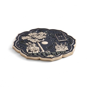 Gold Plated <b>Thin</b> Flower Shape Customized Chinese Style Soft Enamel Small Compact <b>Mirror</b> with Velvet Pouch - Product Image 1