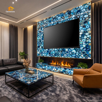 Panneau mural de fond de télévision et table de salon en pierre translucide d'onyx agate bleu naturel rétroéclairé sur mesure