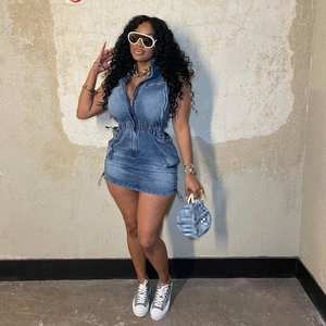 Zomerjurk voor dames met eigen logo, denim, mouwloos, opstaande kraag, mini-jurk, sexy casual jurk - Product Image 3