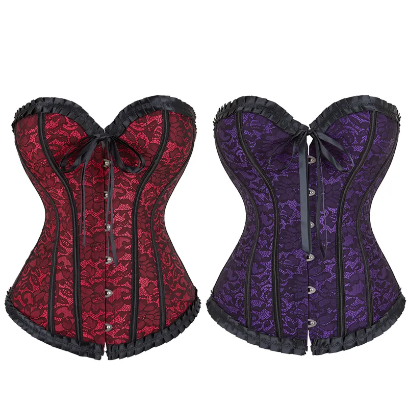 Verstoorde Sexy Lingerie Lace Up Trimmer Bovenborst Taille Trainer Bustier Stoom Punk Corset Lavendel Rood Met G String Plus Size