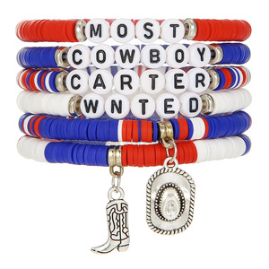 Western Cowboy <b>Bracelet</b> Set Polymer Clay Letter Beads Alloy Pendant Elastic <b>Rope</b> Jewelry Unisex Gift - Product Image 5