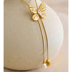 ג 'ינו 479 אלגנטי 3D נירוסטה פרפר זוהר מעוקב שרשרת זרקון שרשרת שרשרת פנינים כפולה פנינים - Product Image 2