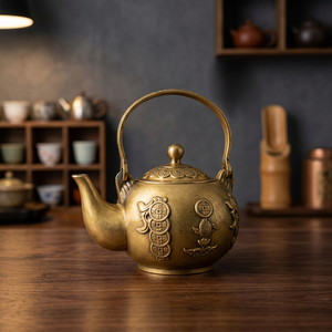 Théière chinoise traditionnelle dorée avec poignée et couvercle, bouilloire en métal au design décoratif - Product Image 1