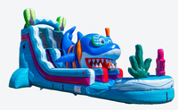 Toboggan aquatique gonflable commercial de 18 pieds sur le thème des requins avec piscine à éclaboussures et zone de saut, toboggan gonflable d'extérieur pour location événementielle