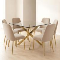 Table à manger et table basse de luxe modernes en verre trempé avec pieds dorés portables pour hôtel, villa et mobilier de maison - Vente en gros