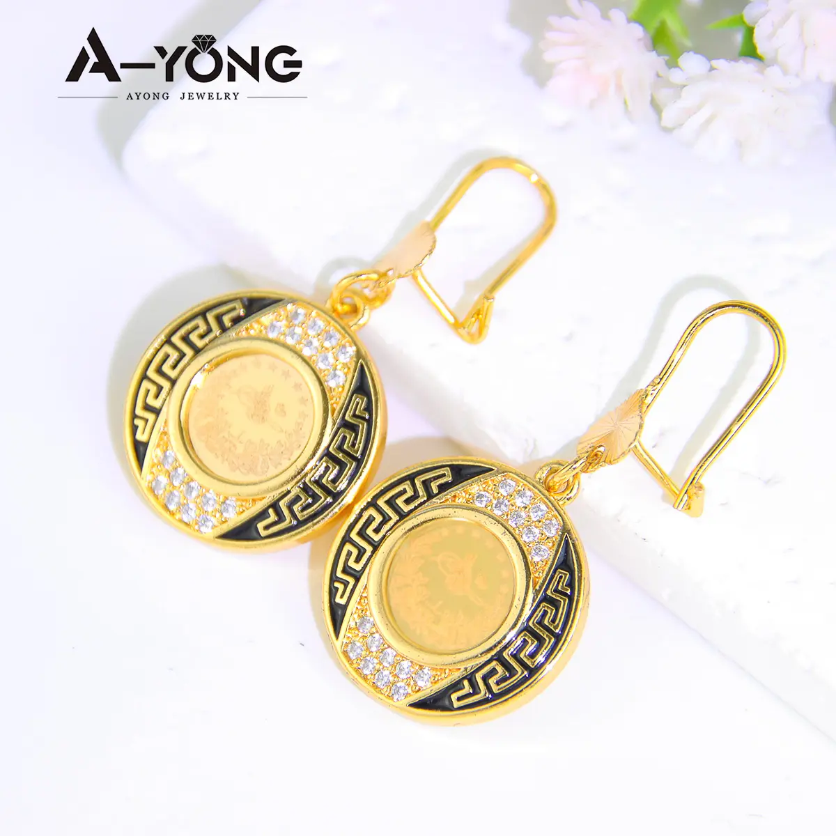 Set Perhiasan Arab Koin Emas Wanita, Anting-Anting Zirkon Set Perhiasan Dubai, Kalung Berlapis Emas