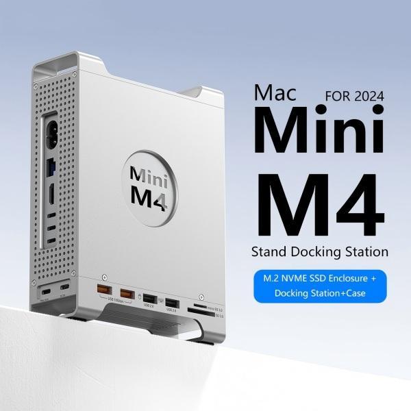9in1 Dock for Mac Mini M4, Vertical Stand W/ M.2 NVMe Enclosure Fits up to 2280 8TB, 10Gbps USB Ports, SD/TF Reader