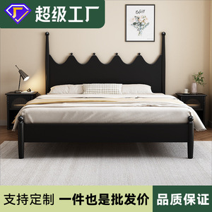 Hang Qian <b>Solid</b> <b>Wood</b> Bed 1.5M 1.8M Black Mid Century Modern Master Bedroom Furniture Double Bed - Product Image 5