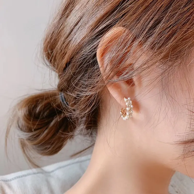Korean Style Vintage C Shaped Zircon Pearl Earrings Semi Circular Baroque Geometric for Women Earrings