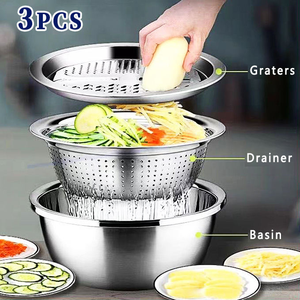 Juego de 3 Utensilios Multifuncionales de Acero Inoxidable para Cortar Verduras, Colador QX, Tazón para Mezclar Ensaladas, Olla para Cocinar, Picador y Rallador de Verduras - Product Image 6