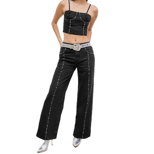 Fabricants personnalisés femmes festival de musique en direct maison fête clubbing porter <span class=keywords><strong>noir</strong></span> solide <span class=keywords><strong>taille</strong></span> <span class=keywords><strong>haute</strong></span> clouté jambe <span class=keywords><strong>droite</strong></span> <span class=keywords><strong>jean</strong></span> - Product Image 4