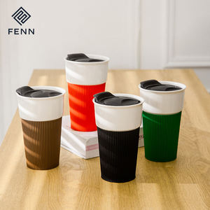 Promotion américaine Tasse à eau portable réutilisable Tasse en céramique Tasse à café de voyage avec couvercle en PP Manchon en silicone <span class=keywords><strong>sans</strong></span> poignée pour cadeaux - Product Image 1