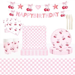 Juego de Vajilla de Papel con Tema de Frutas Personalizado DAMAI, Platos, Vasos y Servilletas de Papel Rosa Desechables con Diseño de Cerezas para Fiestas de Cumpleaños Infantiles - Product Image 1