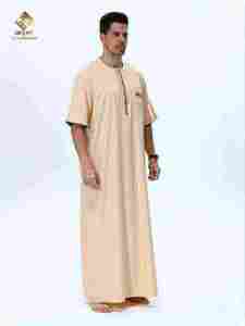 Al Haramain <b>Men's</b> Cotton <b>Thobe</b> Round Neck Short Sleeve Floor Length Modest Prayer Robe Solid Color Breathable Loose Fit - Product Image 3