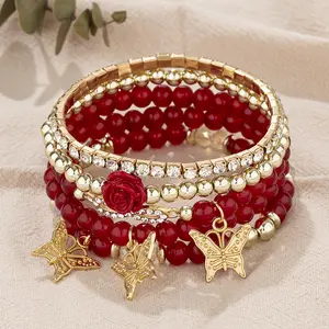 WBB029 Boho Chic Rosen-Blumentusche mit Diamanten Schmetterling-Charme würfel-Zirkonium-Perlen-Armband-Set für Geschenke Hochzeiten und Feiern