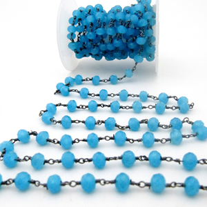 High Quality Natural Aqua Blue Chalcedony Rondelle Faceted 6mm Hydro Quartz Beaded <b>Rosary</b> Chain - Product Image 1