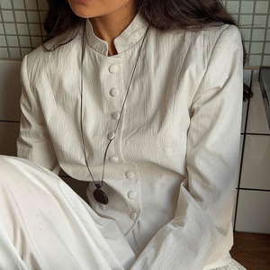 Veste Courte Blanche Texturée pour Femme, Col Montant, Boutonnée, Épaules Rembourrées, Manteau Court de Bureau, Haut Personnalisé - Product Image 2