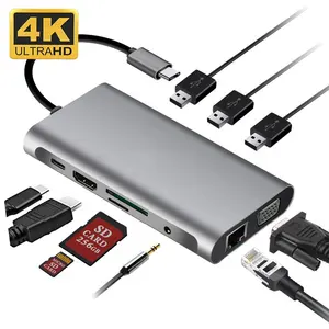 10 In 1อะแดปเตอร์ USB Type C,แท่นฮับมีพอร์ต USB 3.0 3พอร์ต HDMI VGA กิกะบิตอีเธอร์เน็ตเครื่องอ่านการ์ด SD TF เสียง3.5มม. และที่ชาร์จ PD