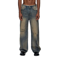 Pantalon en jean délavé vintage coupe ample décontractée style bootcut pour homme, en denim bambou slub, idéal streetwear