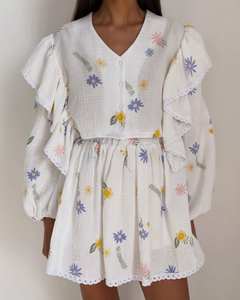 Ensemble jupe et <span class=keywords><strong>haut</strong></span> pour femmes, <span class=keywords><strong>haut</strong></span> à manches lanternes à volants, col en V, patchwork, simple boutonnage, jupe courte taille haute, ensemble ample en coton et lin imprimé pour femmes - Product Image 3