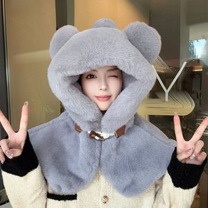 White Plush <b>Bear</b> Hat With Shawl Neck Warmer For Women Winter Warm Hoodie Style Commute Accessory - Product Image 4