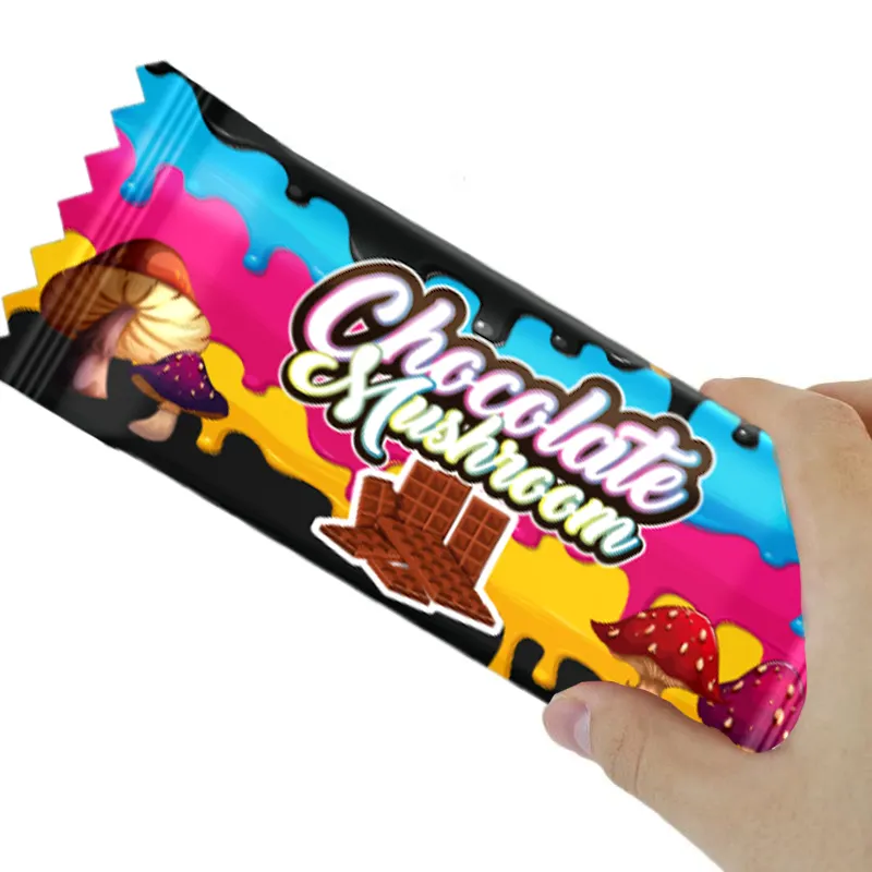 Costume heat seal back side selo doce porca mylar saco proteína energia cogumelo chocolate bar wrapper embalagem sacos