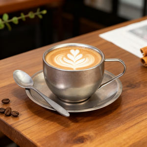 Juego de Tazas de Café de Metal Esmerilado Vintage de 180-280 ml, Tazas de Acero Inoxidable SS304 para Capuchino, <span class=keywords><strong>Espresso</strong></span> y Té con Plato y Cuchara - Product Image 1