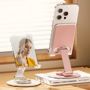 Boneruy L73 New Arrivals Pink Made UP Mirror Phone Holder Metal Cute Acrylic Foldable Mobile Phone Stand For Desk