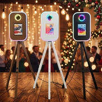 Photobooth en bois grainé/blanc/noir avec trépied pour iPad et appareil photo reflex numérique, support d'imprimante, lumière RGB, hauteur réglable, pour mariage