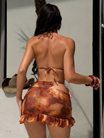 Set Baju Renang dan Rok Dua Warna dengan Detail Ikat, Bikini Thong 3 Potong, Ukuran S-L