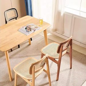 Juego de 2 sillas de comedor de ratán, sillas de cocina de madera con respaldo de caña, marco de madera de caucho, sillas laterales tapizadas de lino para comedor - Product Image 2