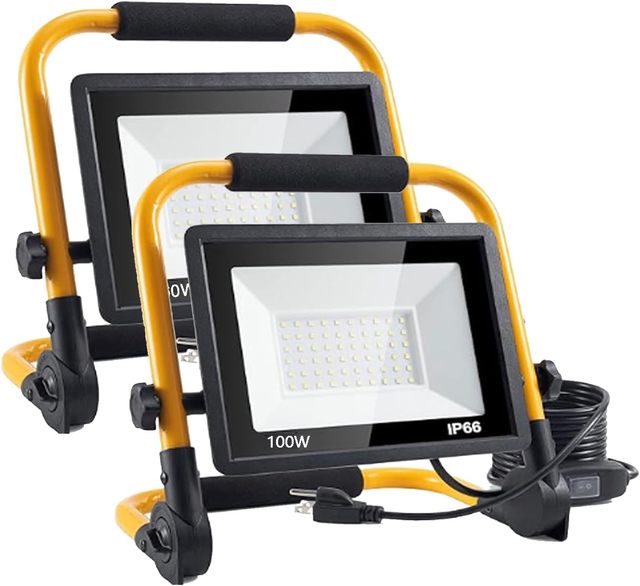 Yellow 100W 2PACK Portable 11000LM Led Work Light with 10 Foot Cord and Stand Spotlight Work Lamp Hand Work Lamp