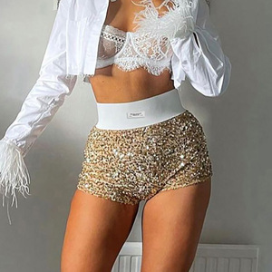 ATAMET Pantalones Cortos De Lentejuelas Negras De Cintura Alta Para Mujer, Para Concierto, Brillantes, Para Fiesta, Sexy, Con Diamantes De Imitación, Medias De Red, Pantalones Cortos Negros+medias De