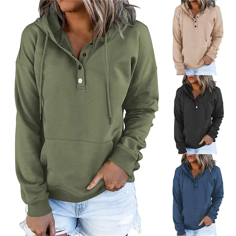 Custom Logo Women's Jumper Loose Pullover Pocket Sweatshirts Drawstring Sweater Long Sleeve Button Up Blouse Tops Women Hoodie