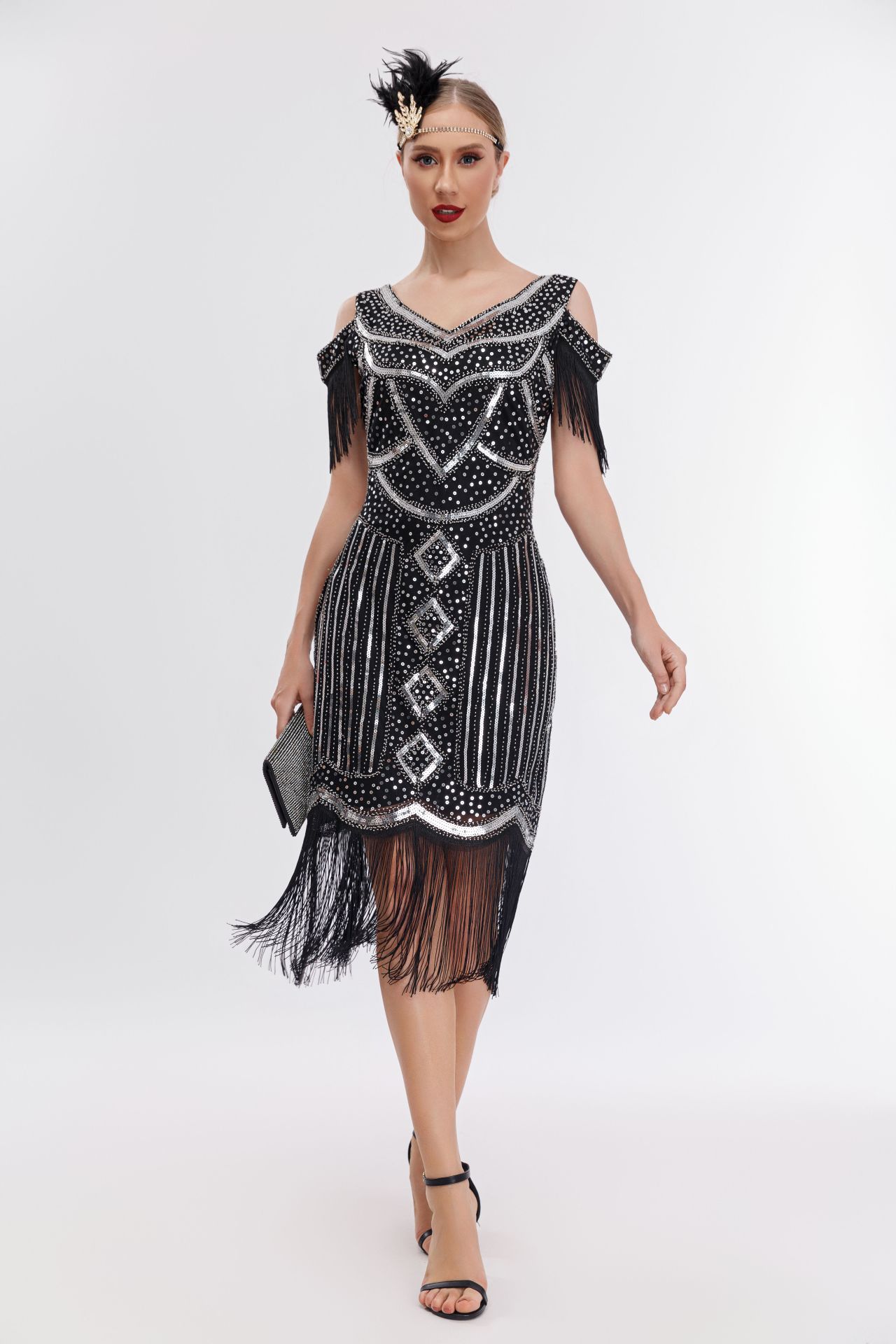 1920s Evening Dress - off Shoulder Tassel Gatsby Midi