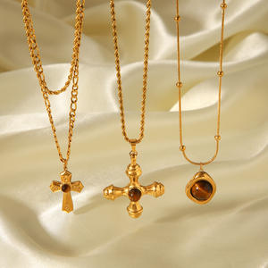 クロスペンダントネックレスステンレス18K金メッキ自然石セーターチェーンネックレス - Product Image 4