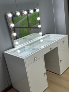 Coiffeuse moderne en MDF avec tiroirs et armoires Miroir lumineux tricolore équipé Bluetooth pour chambre à coucher - Product Image 4