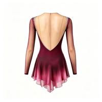 Robe de patinage artistique dégradé bordeaux, col en V, maille ornée de strass, manches longues, dos profondement ouvert, pour adultes et enfants