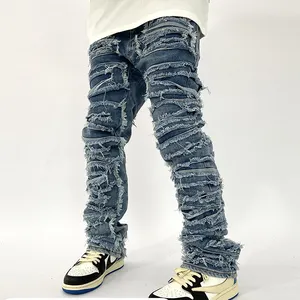 Retro delik Ripped erkekler için sıkıntılı kot pantolon düz yıkanmış Hip Hop gevşek Denim pantolon rahat erkek yığılmış Jean pantolon erkekler