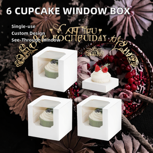 Clear Windowed <b>White</b> Disposable Rigid Cupcake <b>Boxes</b> with Handle Custom Printed Paperboard 6 Cupcake <b>Boxes</b> for Milk & Olive Oil - Product Image 2