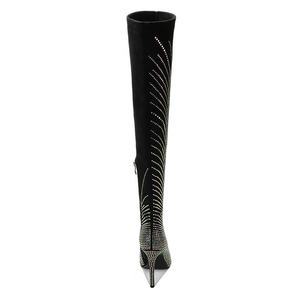 Bottes stiletto au-dessus du genou noires personnalisées avec strass Bout pointu Talons hauts extensibles pour femmes Cuissardes pour l'automne et l'hiver - Product Image 4